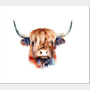 Patriotic highland cow Posters and Art